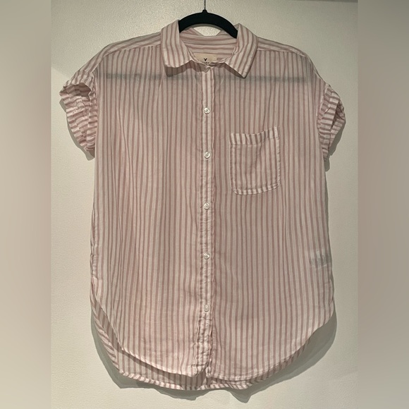 American Eagle Sheer White/Pink Striped Short Sleeve Blouse - Picture 2 of 3